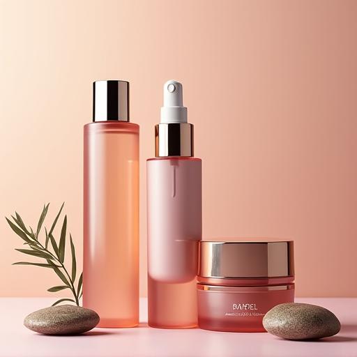 Satu set produk kosmetik yang disusun dengan elegan