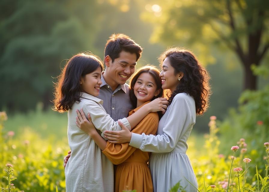 Sebuah keluarga tersenyum gembira di sebuah taman di Kuala Lumpur